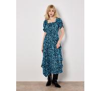 Sarasa Floral Milkmaid Midi Dress Apricot Navy 10