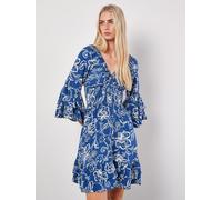 Sarasa Floral Smocked Ruffle Mini Dress Apricot Blue 26