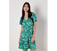 Sarasa Floral Wrap Mini Dress Apricot Green 10