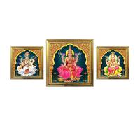 Saraswati Ganesh Lakshmi Hindu God Photo Frames For Pooja Indian Wall Art For Living Room Home Office Pooja Room Set of 3
