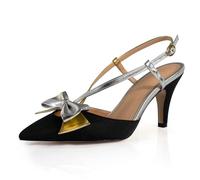 sarawill Women's Stiletto Heel Bowknot Pumps Closed Pointed Toe Slingback 3.5 Inch/8.5CM High Heels Dress Wedding Party Bow Shoes, Black Silver, 3 UK