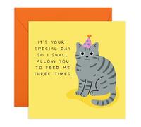 Sarcastic Cat Lover's Birthday Card - “It’s Your Day Feed Me Three Times” - Cute Greetig Card for Fur Mum Dad, Cat Lady, Sister, Colleague, Friends, Neighbour, Him, Her - Pet Jokes with Stickers