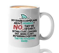 Sarcastic Coffee Mug 11 oz White, Witty Shark Complain About Monday Humor Joke.