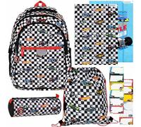 sarcia.eu Hot Wheels School starter KIT for BOY: stiffened backpack, round pencil case, shoe bag, 2x folder with elastic band, stickers (Hot Wheels I)