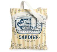 Sardine Canvas Tote Bag for Women, Nautical Vintage Fish Anchors Summer Navy Washable Reusable Small Tote Bag Ideas for Shopping Trips Office Library Casual 13x15 Inch