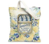Sardines Canvas Tote Bag for Women, Mediterranean Fanciful Olive Lemon Summer Blue Washable Reusable Market Tote Bag Ideas for Outdoor Travel Workday Reading 13x15 Inch