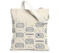 Sardines Canvas Tote Bag for Women, Nautical Vintage Fish Can Summer Navy Washable Reusable Small Tote Bag Ideas for Family, Navy, 13x15 Inch