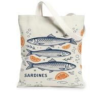 Sardines Canvas Tote Bag for Women, Nautical Vintage Oranges Bubbles Summer Navy Blue Washable Reusable Graphic Tote Bag Id, Navy Blue, 13x15 Inch