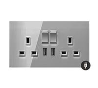 Sardini Home Full Glass Grigio Grey Tempered Glass UK 3-pin 13A Double Switched 2 Gang Plug Wall Socket with 2.1A USB Fast-Charging Charger Port (Updated Model)