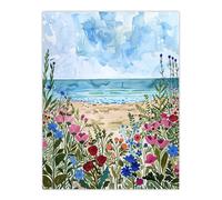Sardinia Shore Beach Flowers Coastal Watercolour Wall Art Print Artery8 Blue W24 inch x H32 inch