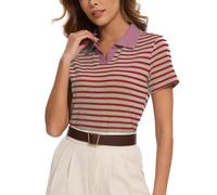 Sarefii Women Striped Color Block Collar Shirts Golf Polo Cotton Blend Tops Short Sleeve T-Shirts Tennis Tee Summer Outfits, Red and Tan, L
