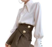 Sarge Chic Vintage Women Blouse Elegant Single-breasted Satin Silk Women Shirt Autumn New White Casual Ladies Shirts Tops, M