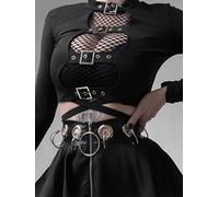 Sarge Sexy Women Crop Tops Hollow Out Buckle Long Sleeve Female Bodycon Tops Gothic Punk Black Tops Streetwear Party Lady Goth Tee, L