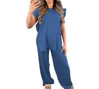 Sarim Collection Womens Frill Sleeve Loungewear Top and Trouser Set Ladies Textured Cheesecloth 2 Piece Co Ord Set Tracksuit Loungewear Set Jogsuit Denim-8-14