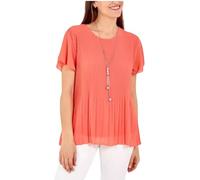 Sarim Collection Women's Pleated Chiffon Top Necklace Blouse Ladies Summer Tunic Top Short Sleeve Blouse Lined Chiffon Tunic Shirt Womens Workwear Round Neck Flowy Tunic Top Coral-8-10