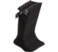 SARIMON 2 Pairs Girls Knee High School Socks Fluffy Ribbons Bow Back to School Socks Uniform Party Wear Comfort Fit Long Stocking Girls Knee High Sock (6-8, Black)