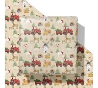 SaringSwoon Farm Christmas Wrapping Paper - Rustic Xmas Gift Wrap with Red Tractors, Farm Animals Like Reindeer Highland Cow, and Christmas Trees for Kids Adults - 40×28 Inches, 4 Folded Sheets