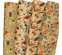 SaringSwoon Kraft Floral Wrapping Paper - Watercolor Gift Wrap With Vintage Flower, Butterfly, Newspaper Design for Wedding, Bridal Shower, Mother's Day, Birthday, Christmas - 8 Sheets, 20 x 29 Inches