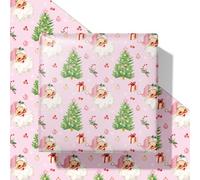 SaringSwoon Pink Christmas Santa Wrapping Paper - Vintage Xmas Gift Wrap with Santa Claus, Christmas Tree, Candy Canes, Gifts and Snow Design for Kids Adults - 40×28 Inches, 4 Folded Sheets