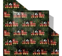 SaringSwoon Vintage Train Christmas Wrapping Paper for Baby Boys Girls Kids - Green Xmas Wrapping Paper with Red Trains, Santa, Polar Bears, Penguins for Holiday - 40×28 Inches, 4 Folded Sheets