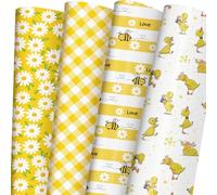 SaringSwoon Yellow Wrapping Paper for Easter, Spring, Birthday, Baby Shower - Gift Wrap With Flower, Bee, Cute Duck, Plaid and Love Letter - 20×29 Inches, 8 Folded Sheets