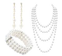 Sarini 3PCS Bead Set with Long Plastic Beads Earrings 3 Rows Stretch Bead Bracelet 1920s Pearl Necklace Set for Party Prom Wedding Festival
