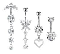 Sarini 4 PCS Silver Belly Button Bars,Diamond Stainless Steel Ring Set,Flower Butterfly Heart Navel Piercing Jewelry for Women
