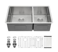 Sarlai 33 Undermount Kitchen Sink Double Bowl - 33x19 Inch Kitchen Sink Undermount 60/40 Stainless Steel 16 Gauge Round Corner Double Basin Under Counter Sinks Basin