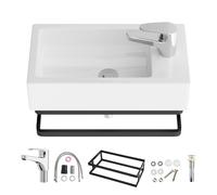 Sarlai Bathroom Basin Sink,Small Modern Wall Mounted Vessel Sink with tap,White Ceramic Vanity Rectangle Basin for Bathroom Cloakroom,460×270×120mm(Include Pop-up Drainer & Towel Shelf)