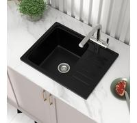 Sarlai Black Kitchen Sink 57x45cm Granite Composite Kitchen Sink | Single Bowl Inset Sink with Integrated Drainer, Reversible Quartz Sink with Overflow, Resistant to Heat, for Modern Kitchen
