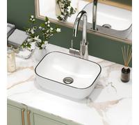 Sarlai Countertop Bathroom Basin 36.8x25.4x11.5 cm Black Rim Bathroom Sink | White Small Countertop Basin, Modern Rounded Rectangular Ceramic Cloakroom Sink, Wash Basin for Cloakroom, Lavatory, Bathroom