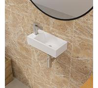 Sarlai Floating Vessel Sink - 15"x7" Wall Hang Small Bathroom Sinks Modern Rectangle Floating White Porcelain Ceramic Garden Wash Hand Sink, Left Hand