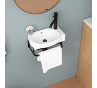 Sarlai Wall Mounted Bathroom Vessel Sink with Towel Rack,17x11 Inch Wall Hung Rectangle Ceramic Small Bathroom Sink White Mini Wash Modern Vanity Floating Basin