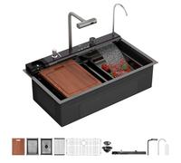 Sarlai Waterfall Kitchen Sink - 30 Inch Black Drop In Workstation Sink With Waterfall 33x19 Inch Black Stainless Steel 16 Gauge Multifunction Single Bowl Top Mount Kitchen Sinks with HoneyComb Finish