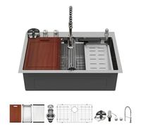 Sarlai Waterfall Kitchen Sink 30 Inch Drop In Kitchen Sink Topmount 16 Gauge Stainless Steel 30x22 Inch Single Bowl Multifuction Workstation Top Mount Sinks with Double Knob