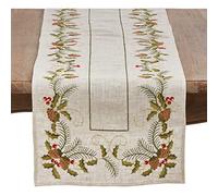 SARO LIFESTYLE 1851.N1654B Joyeuses Fêtes Collection Embroidered Pinecone and Holly Table Runner, 80% polyester-20% Linen, Natural