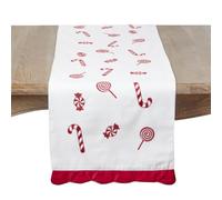 SARO LIFESTYLE Candy Cane & Sweet Treats Table Runner - Festive Christmas Table Runner with Embroidered Candy Motifs and Holiday Dessert Design for Seasonal Dining Tables, 16"x72", Red/White