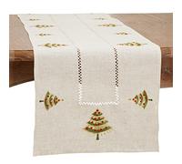 SARO LIFESTYLE Embroidered Christmas Tree Table Runner, Natural, Polyester, Christmas Tree Pattern