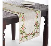 SARO LIFESTYLE QX653.N1690B Holiday Collection Embroidered Holly Design Table Runner, 75% polyester-25% Linen, Natural