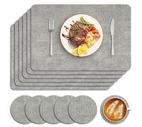 Sarsumir Placemats, Placemats and Coaster Sets 6 Place Mats and 6 Coasters PU Leather Dining Table Mats Washable Heat Resistant Non-Slip for Home Restaurant Dinner Party, Silver Gray