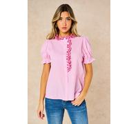 Sarta Women's Candy Stripe Short Sleeve Cotton Shirt in Pink | Size: Large Sarta Pink L