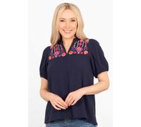 Sarta Women's Lula Short Sleeve Cotton Blouse - Navy Blue, Floral Embroidery | Size: Medium Sarta Navy M