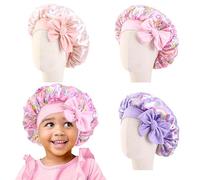 Sarvvte 3 Pack Kids Bonnets for Girls, Silk Bonnet for Sleeping, Soft Satin Hair Bonnet with Tie, Suitable for Curly Hair, Night Cap for Toddlers & Little Girls Pink,Purple