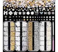 Sarvvte 4 Boxes 3D Nail Charms Gold Silver Rhinestones, Nail Gems with Tweezers, Bows Stars Nail Jewels, Nail Art Accessories DIY Decorations for Women