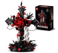 Sarvvte Gothic Rose Cross Building Set, Dark Romantic Skeleton Handle Chain Thorn Vine Decor with Red Roses, Gothic Decor Building Blocks for Adults, Unique Supernatural Themed Gothic Gifts