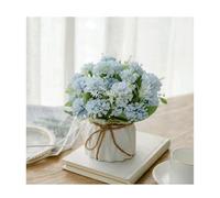 SaryEdge Faux Rose Hydrangea Flowers with Ceramic Vase, Small Artificial Potted Flowers Plants for Table Bookshelf Living Room Party Home Decor,Blue White,Blue White