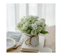 SaryEdge Faux Rose Hydrangea Flowers with Ceramic Vase, Small Artificial Potted Flowers Plants for Table Bookshelf Living Room Party Home Decor,Green White,Green White