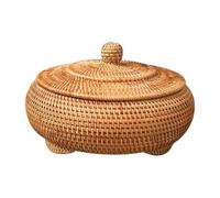 SaryEdge HHF Baskets Bins Round Rattan Boxes with Lid Hand-Woven Multi-Purpose Wicker Tray Picnic Food Bread Snack Fruit Table Storage Willow Basket Clothing Storage,28x13cm,28x13cm