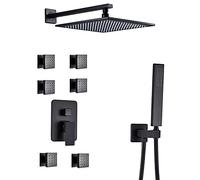 SaryEdge Shower Head Rain Shower Black Shower Faucet Set with 6 Body Spray Jets, Ceiling Mounted Brass Shower Combo Set Single Handle Rain Mixer Shower with Shower Head, Handheld ，A-12 Inch