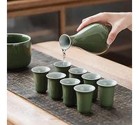 SaryEdge Upgraded sake set, including a thermos bowl, 10-piece ceramic sake set for home use, includes 8 sake cups, green, tableware, dark green-b,Dark Green-b